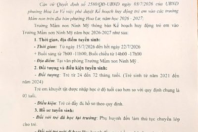 Thông báo tuyển sinh năm học 2026 -2027 của Trường Mầm non Ninh Mỹ